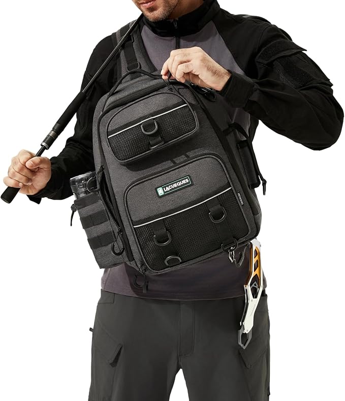 22L Wading Fishing Tackle Sling Bag, Holds 3x 3700 Boxes, Grey | Hands Free Lure Casting, Large Crossbody Shoulder Backpack with Rod Holder, Water Bottle Holder, 12 Heavy Duty D Rings