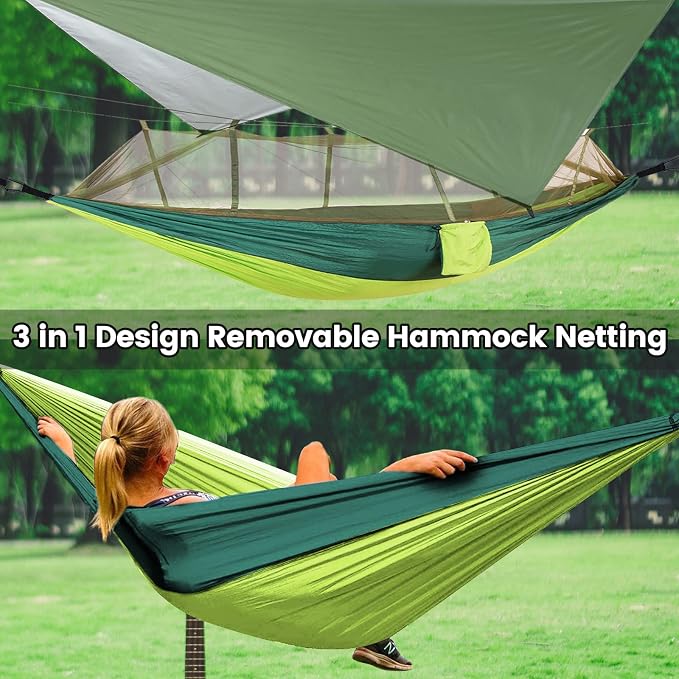 Camping Hammock with Mosquito Net & Rain Fly Tent Tarp & Tree Straps Portable Strong Nylon Hammock Parachute Tent w/Storage Bag for Camping Hiking Backyard Outdoor Backpacking Travel