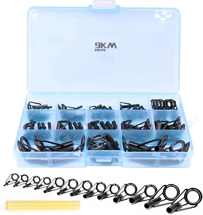 9KM DWLIFE Fishing Rod Tip Repair Kit, Black Stainless Steel, Wear Resistant Ceramic Ring, Guide Replacement 25/35/45/60/65pcs