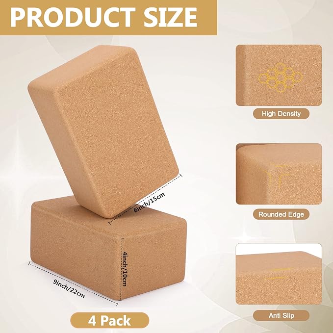 Leitee 4 Pcs Cork Yoga Blocks 9 x 6 x 4 Inch Cork Yoga Brick Non Slip Supportive Equipment High Density Bricks Wood Exercise Blocks Women Gifts for Stretching Flexibility Balance Fitness Pilates