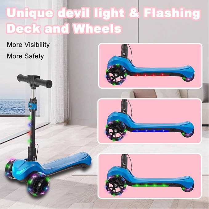 3 Wheel Electric Scooter for Kids Ages 3+, LCD Display, Colorful Lights, Reliable Thumb Throttle, 3 Adjustable Height, 5Mph Safe Speed and Long Range, Foldable Kids Electric Scooter