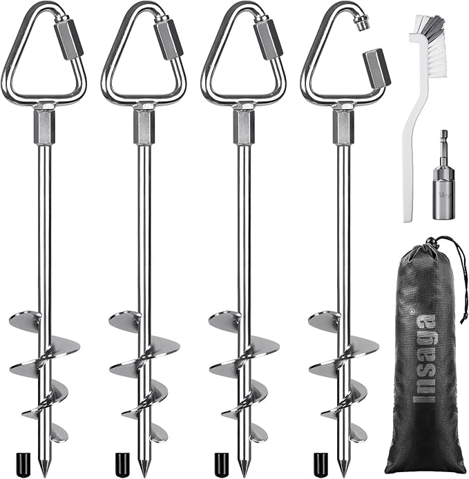 Insaga 17" Heavy Duty Ground Anchors Screw in - 4 Pack Chrome Plated with Reinforced Triangle Bracket for Trampoline, Swing Set, Shed, Mobile Home, Carport - High Wind Resistance for All Soil Types