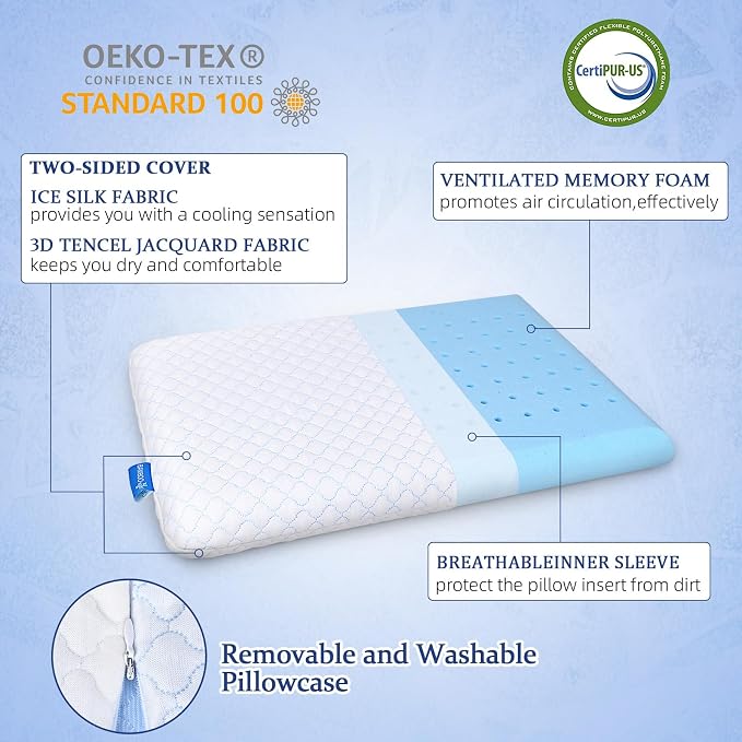 SofGlowly Ultra Thin Flat Pillows for Sleeping Standard Size Set of 2, Cooling Memory Foam Pillow 2.75 inch Height Ultra Thin Pillow,Slim Bed Pillows for Stomach Back Sleeper,16x25 Inch