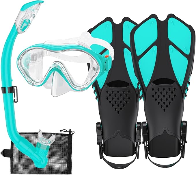 Snorkeling Gear for Kids with Foldable Silicone Full Dry Snorkel, Kids Snorkel Set Anti Leak Youth Junior Snorkeling Package Diving Mask Soft Tube with Mesh Bag Scuba Swimming Goggles