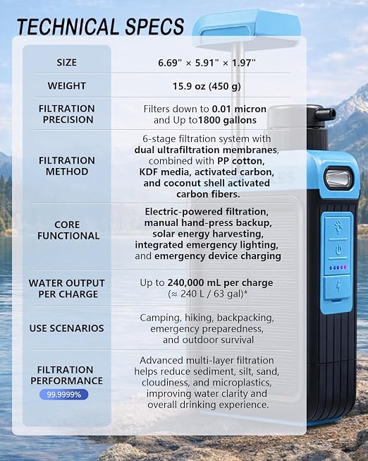 BKLES 3-in-1 Solar Electric Water Filter with Hand Pump - Camping Water Filtration System Survival, Portable Water Purifier with Emergency Light, Survival Kit for Backpacking, Gifts for Father's Day