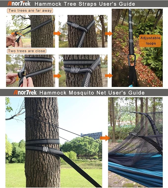 AnorTrek Camping Hammock with Mosquito Net, Double & Single Lightweight Portable Hammocks with Tree Straps, Parachute Hammock for Camping, Backpacking