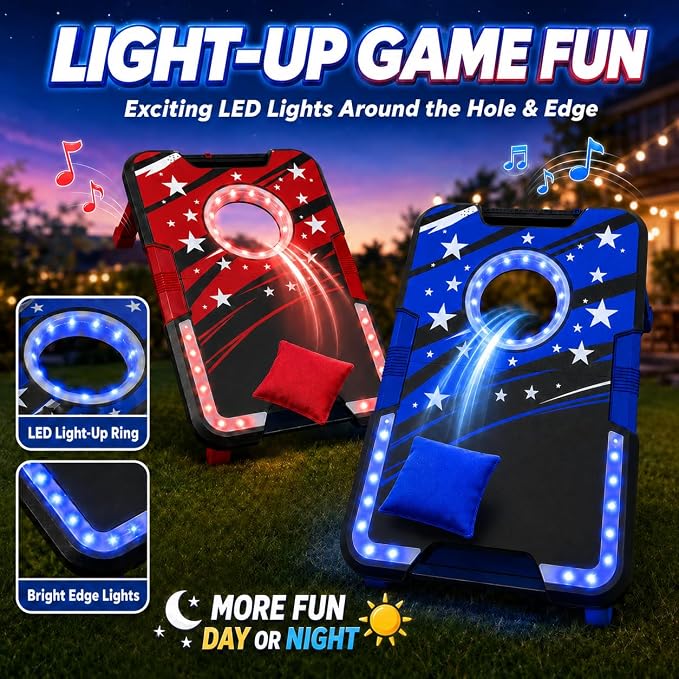 Foldable Cornhole Board Set with LED Lights, Sound Effects & Built-in Score Slider, Outdoor Bean Bag Toss Game for Kids Adults, Portable Backyard Camping Party Game Set with 2 Boards 8 Bags