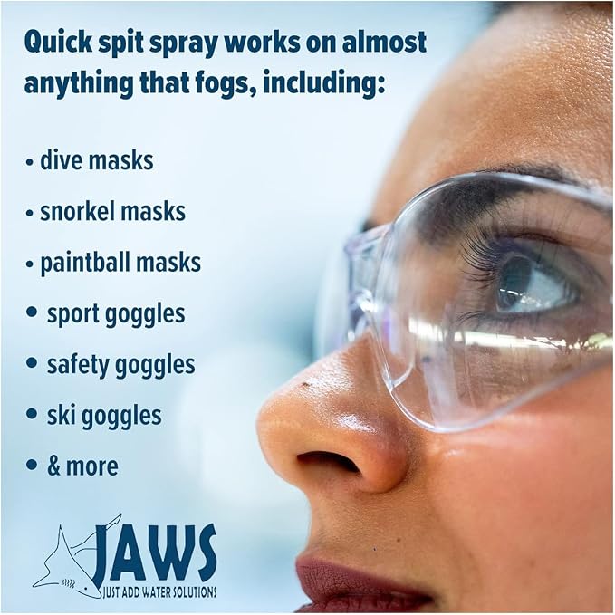 Jaws Quick Spit Anti-Fog Spray for Swim Goggles, Eye Glasses, Snorkel Mask, Scuba Divers, and Safety Eyewear, Made in the USA