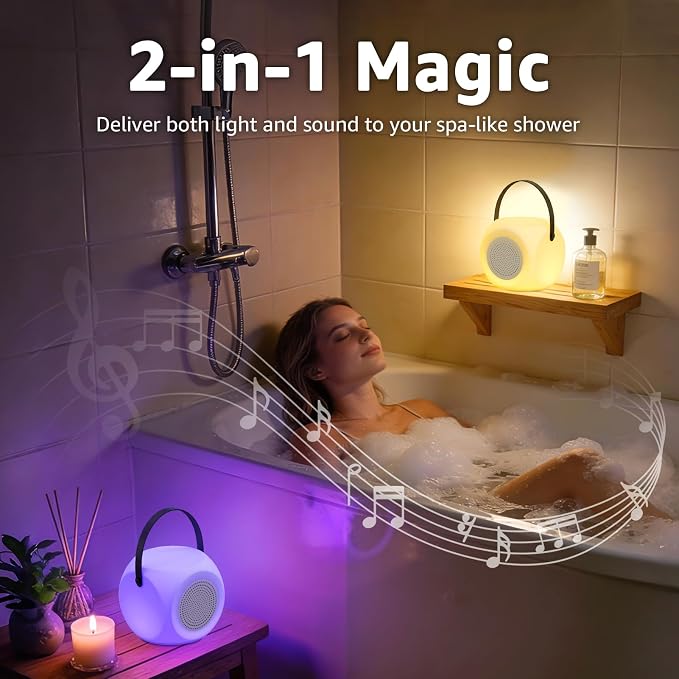 FUYO Shower Lamp with Speaker 16 Colors with Remote, Shower Lights Waterproof, Bluetooth Speakers with Lights Dual Pairing HD Stereo Sound for Indoor Outdoor Bathroom Party Pool Patio (2PCS-Fatty)