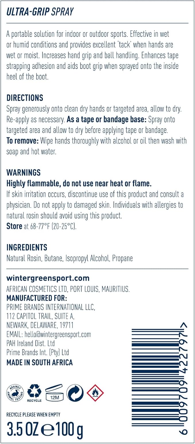 Wintergreen Ultra Grip 3.5 Fl Oz Aerosol Spray - Natural Rosin Adhesive, Improves Ball Handling, Football Catches, Aerial Silk, Strip Pole Grip, Racquet Grip and Tape Adhesion, 2-Pack (7 Fl Oz Total)