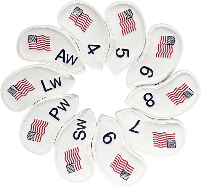 Patriotism US Flag Golf Iron Covers Premium Leather Iron Head Covers Set Headcover 4 5 6 7 8 9 PW SW AW LW Wedge Iron Club Covers fits for Most Brands