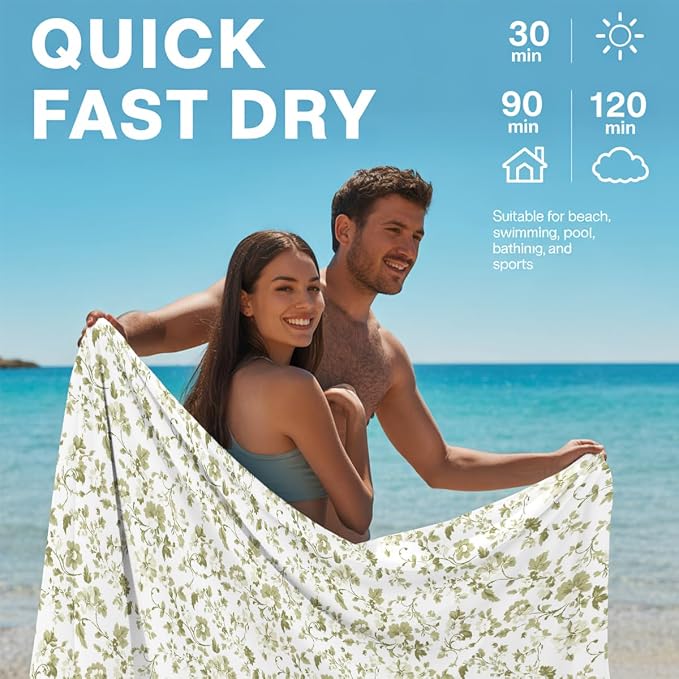 2 Pcs Microfiber Beach Towel Sand Free Quick Dry Oversized Vintage Floral Sage Green White Shabby Chic Lightweight Accessories for Adults Pool Travel Yoga Gym 71 x 32 Inches