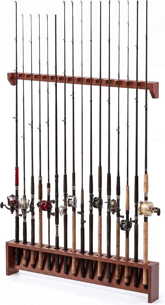 Sintuff 1 Pair 16-position Fishing Rod Rack, Wall Mount Pole Holder, Solid Red Oak Wood Rack, Walnut Finish, Space-saving Fishing Pole Storage, 16 Rod Max Capacity, for Garage, Home