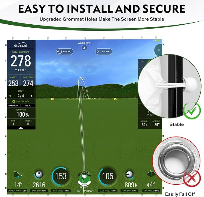 Golf Impact Screen with Upgraded Grommet Slings, 3D Air Mash Golf Simulator Impact Screen for Training, Golf Simulators Hitting Mat for Home, Indoor, Outdoor