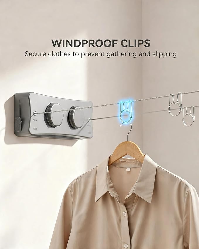 Retractable Clothesline Indoor Outdoor Clothes Line | Heavy Duty 44 lb Clothes Drying Laundry Line | Wall Mounted Double Clothing Line 16.7 ft | Non-Sagging Easy Install for Courtyards