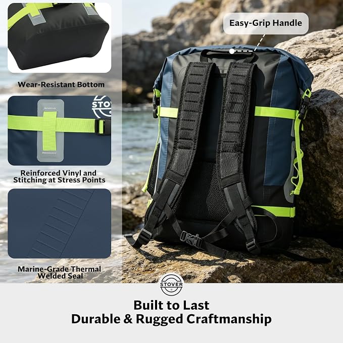 STOVER 55L Waterproof Dry Backpack & Phone Case - 2XL Floating Dry Bag for Kayaking, Travel, Hiking, Fishing, Camping, Motorcycles & Beach, Heavy-Duty Roll Top Men/Women (Navy Blue/Black/Green)