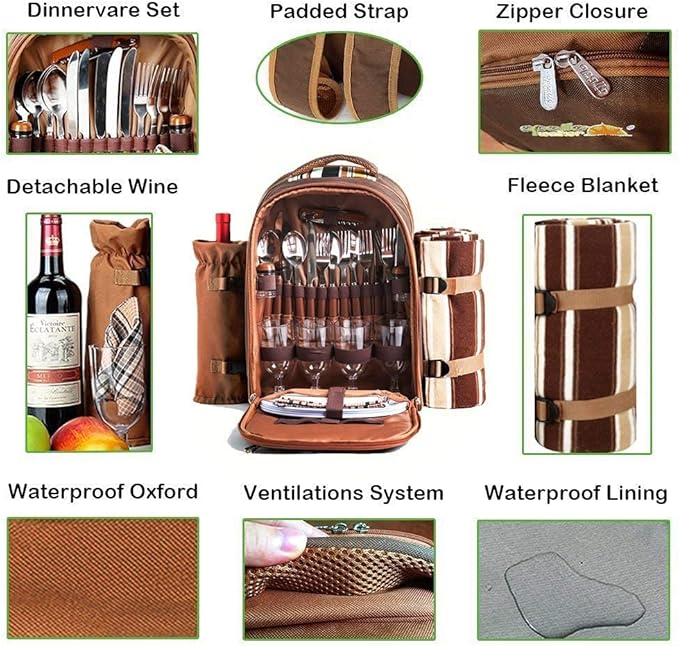 Hap Tim Picnic Backpack Bag for 4 Person with Cooler Compartment, Detachable Bottle/Wine Holder, Fleece Blanket, Plates and Cutlery Set Perfect for Outdoor, Sports, Hiking, Camping, BBQs(Coffee)