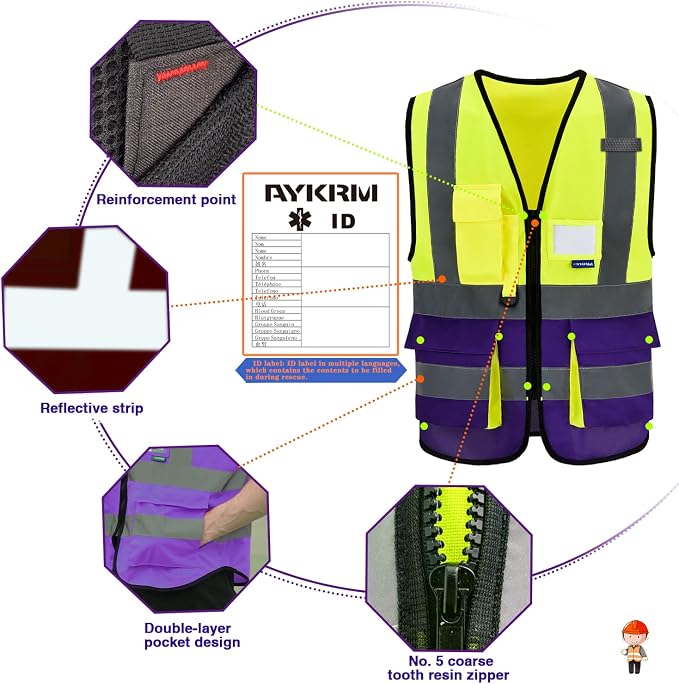 6XL 8XLHigh Visibility REFLECTIVE Safety Vest with 4 Reflective Strips 7 Pockets Yellow&Purple