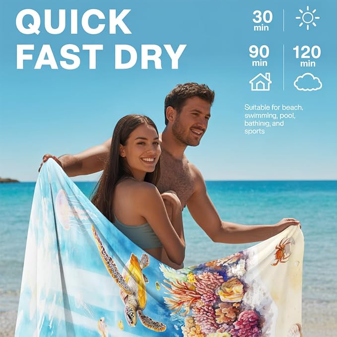 2 Pcs Microfiber Beach Towel Sand Free Quick Dry Oversized Lightweight Absorbent Sea Turtle Marine Life Design Pool Towels for Travel Swimming Yoga 71 x 32 Inches