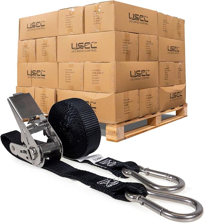 US Cargo Control Stainless Steel Ratchet Straps with Carabiner Hooks 1" X 10' (800-Pack), 500 LBS Break Strength, Marine Tie Down Straps for Boats, ATVs, Trees, Camping, Snow, Saltwater Applications