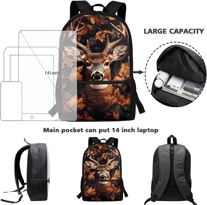 Deer Backpack Kids School Bag for Boys Girls Backpack with Lunch Box and Water Bottle Holder 4 Piece Camo Hunting Deer School Daypack for Travel Hiking Picnic Back to School Accessories