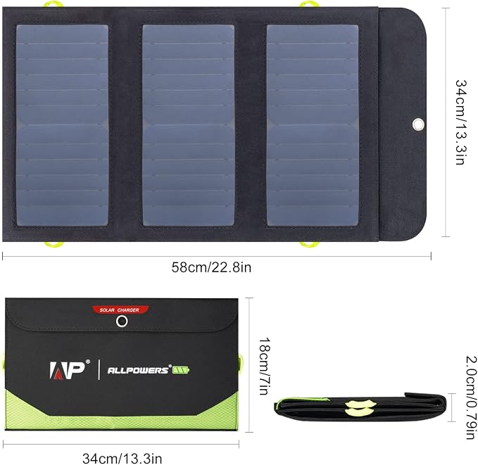ALLPOWERS SP002 5V 21W Solar Panel, Portable Solar Charger, 3 USB Output & 2 USB Input Waterproof Foldable Solar Panel, PD 18W Fast Charging, High Efficiency Conversion for RV, Outdoor, Camping