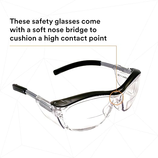 3M Safety Glasses with Readers, Nuvo Protective Eyewear, +1.5, ANSI Z87, Clear Lens, Retro Gray Frame, Soft Nose Bridge, Side Shields