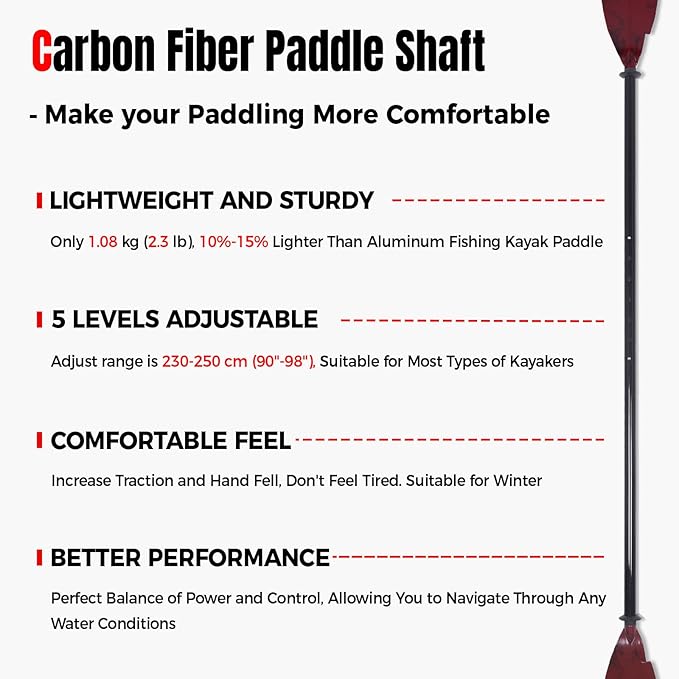 Angler Kayak Paddle Carbon Fiber Shaft and Plastic Blade, Floating Adjustable Fihsing Kayak Oar with Paddle Leash, 230-250cm/90-98 inch