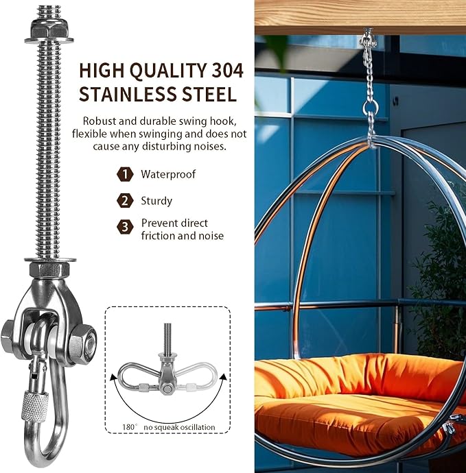 2 Heavy Duty Swing Hangers 180° Stainless Steel Swing Hooks 800LBS Capacity Playground Swing Seat Hardware Hammock Chair Porch Swing