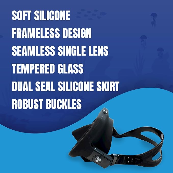 Spartacus Frameless Dive Mask, Ultra-Clear Low-Iron Glass, Wide View, Low Volume, 100% Silicone Skirt