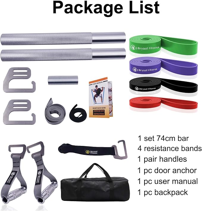 J Bryant Fitness Heavy-Duty Resistance Band Bar with Resistance Bands, E-Shaped Hook Design, 500lb Load Capacity, Anti-Slip Surface, Carry Bag Included, for Strength Training and Fitness
