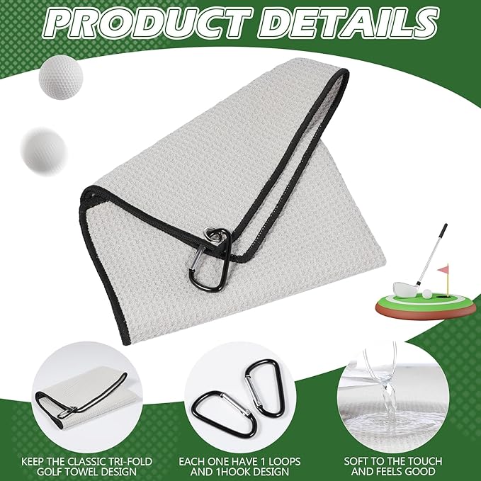 Batiyeer Golf Towels Bulk for Bags, 16"x16" Microfiber Waffle Pattern Golf Towel with Clip for Tournament, Club, Fitness