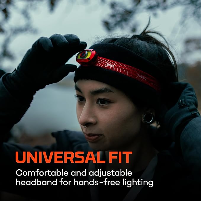 NEBO MYCRO 550+ Headlamp | 550 Lumens, 7 Light Modes, White & Red Light with Spot & Flood, USB-C Rechargeable, Water Resistant, Cap Light Convertible, Bright Light for Camping & Hiking – Red
