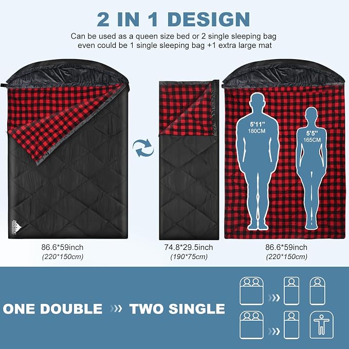 Cotton Flannel Double Sleeping Bag with Fleece Lined Hood, Waterproof Queen Size 2 Person Sleeping Bag for Adults Cold Weather Camping Backpacking or Hiking, 3-4season
