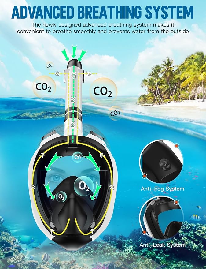 Full Face Snorkel Mask for Adults, 180° Panoramic Anti-Fog Snorkeling Gear with Dry Top System & Camera Mount, Foldable Anti-Leak Design for Travel, Swimming & Ocean Snorkeling