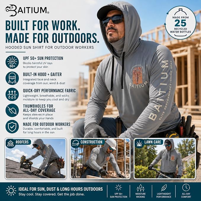 Fishing Shirts for Men,UPF50 Hooded Long Sleeve with Gaiter, Sun Protection Dry Fit Apparel, Face Mask, Fishing Clothes