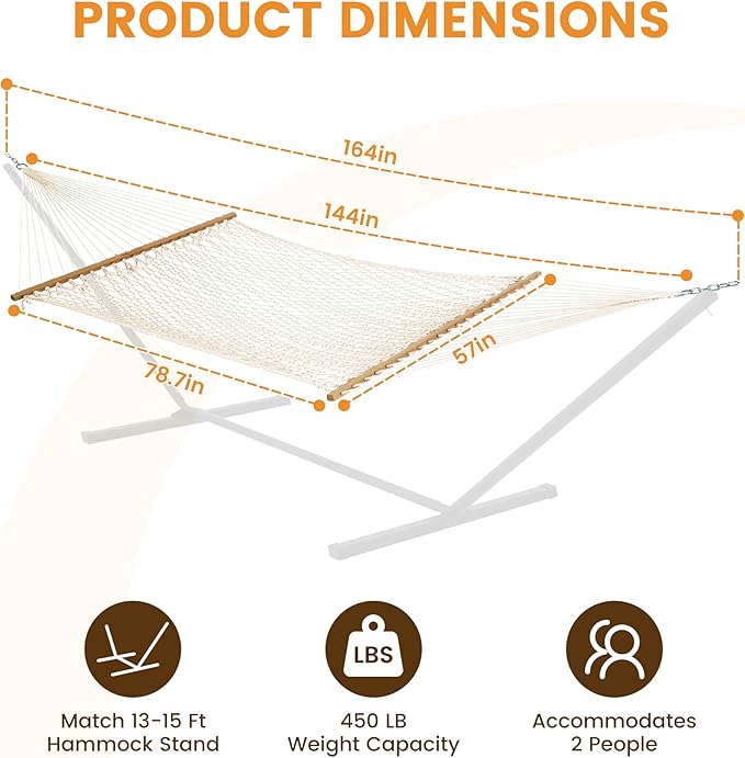 Lazy Daze Hammocks 12FT Double Rope Hammocks, 2 Person Hand Woven Cotton Hammock with Pillow and Spreader Bar for Outside, Patio, Poolside, FIT 13-15 Ft Stand, Max 450 Lbs, Natural, 141 x 57 inches