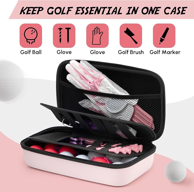 Golf Glove Holder Case with Glove Shaper, Pink Protective Hard Shell Accessory Case, Golf Gift for Woman, for Tees, Ball Markers, Phone, Divot Tool and Accessories