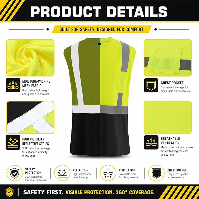 Amylove 4 Pcs Hi Vis Sleeveless Reflective Shirt for Men Class 2 Construction Work Shirts with Pockets for Men Women