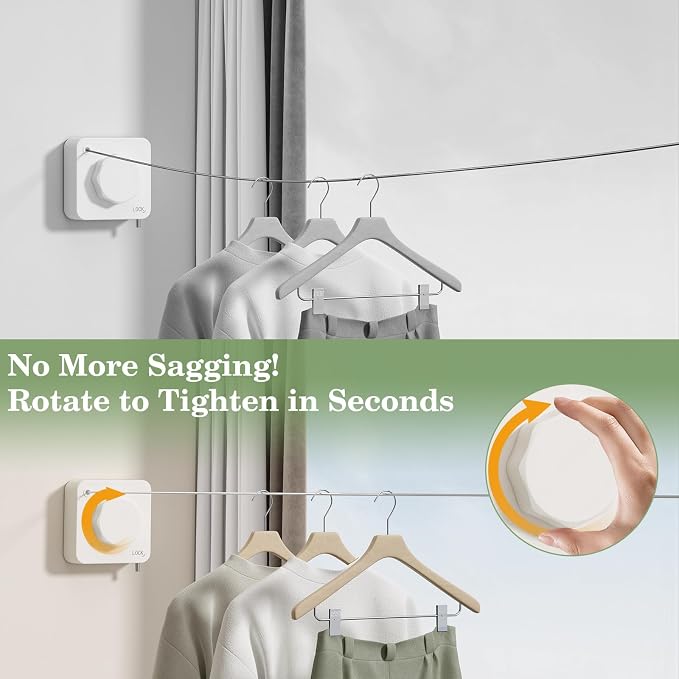 Danpoo Stainless Steel Retractable Clothesline Heavy Duty - 13.7ft Adjustable Tension Non-Drop Clothes Line, Rustproof Metal Wall Mounted Laundry Line(White)
