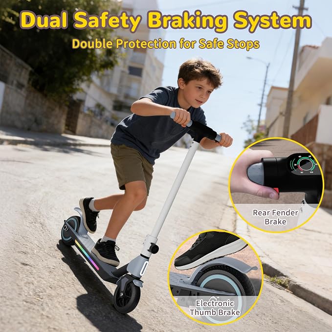 SIMATE Electric Scooter for Kids 6-14, Colorful Lights & Double Brake System, Aluminum Alloy Frame, Foldable, LED Display, for Boys Girls