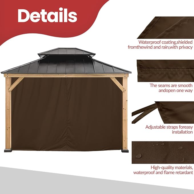 Coastshade Gazebo Pergola Canopy Panel Sidewalls Replacement 10ft Gazebo Pergola Privacy Panels Sidewall for Gazebos with 12Curtain Rings &12Rail Hooks, Brown