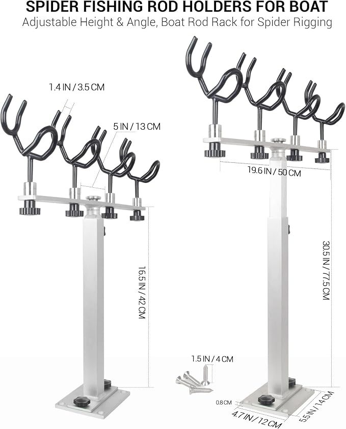 Aluminum Spider Rigging Rod Holder for Boat - 4 Pole Crappie Fishing Rack, Heavy Duty 6063-T5 Marine Grade Aluminum, 16.5"-30.5" Adjustable Height Square Tube Support for Catfish & Trolling
