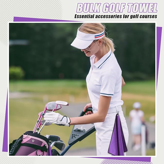Batiyeer 30 Pcs Golf Towels Bulk for Bags 16'' x 16'' Microfiber Fabric Golf Towel with Clip Waffle Pattern for Men Mini Tournament Fitness Yoga Camping (Purple)