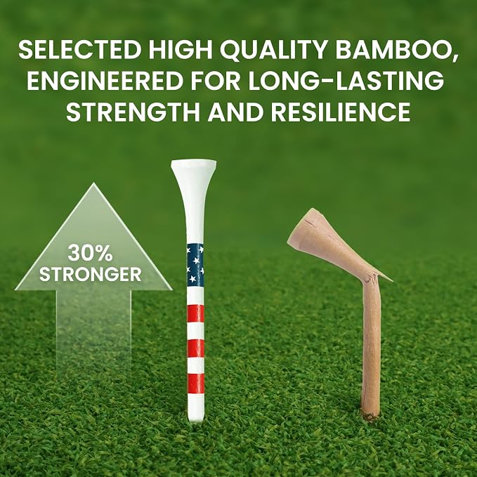 FINGER TEN Premium Bamboo Wood Golf Tees Unique Box Design 18-Pack Per Box Value 18/72/180 Pack, Wooden Tees in 2 3/4" 3 1/4" Durable for Golfers, USA Flag Design Pro Tee Choice