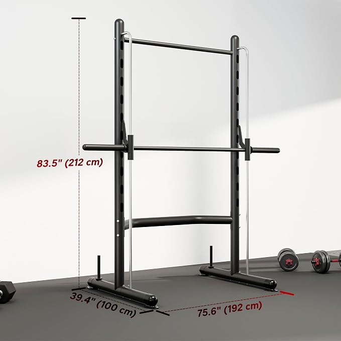 Soozier Squat Rack with Pull-Up Bar, Adjustable Power Rack with Barbell Bar, Multi-Functional Steel Bench Press Rack for Home Gym Strength Training, Black