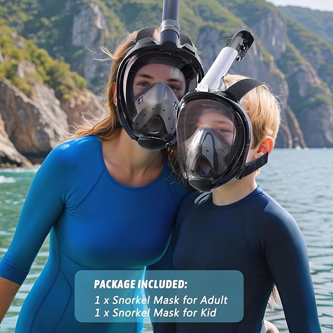 Greatever G2 Full Face Snorkel Mask for Adults Kids, 2 Pcs Snorkeling Set with Foldable Design, Dry Top System, 180° Panoramic View, Anti-Fog & Anti-Leak, Safe Breathing with Camera Mount Included