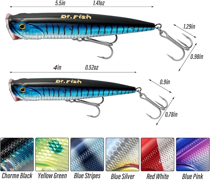 Dr.Fish Popper Saltwater Fishing Lures, 4/5.5 Inches GT Popper VMC Treble Hooks Surf Fishing Lures for Bass Striper Pike Salmon Offshore
