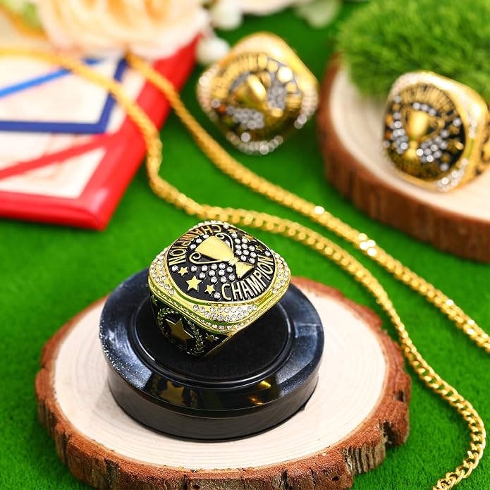 Highergo 20 Pcs Baseball Softball Basketball Football Champion Rings with Display Neck Chain and Stand Volleyball Soccer Cheer Trophy Rings Bulk for Tournament Award Gift