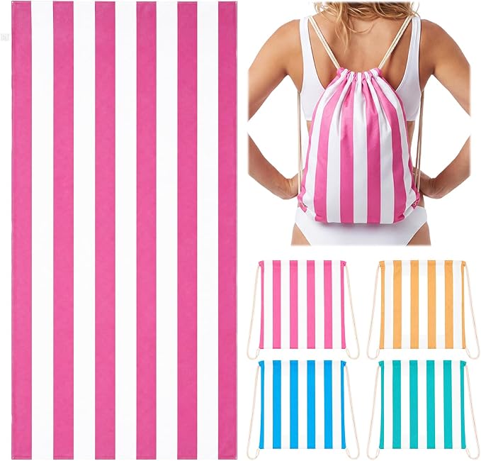 4 Pcs 2-in-1 Stripe Beach Towel Backpack, 31.5 x 63 Foldable Lightweight Microfiber Towel Bag Quick Dry Sand-Resistant Towels for Pool Camping Yoga Travel (Pink,Orange,Blue,Green)